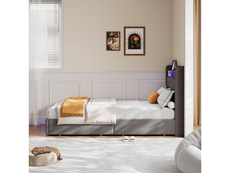 Lit simple de rangement 90x200cm avec éclairage led et port usb, 2 tiroirs, design moderne,gris - Conforama C
