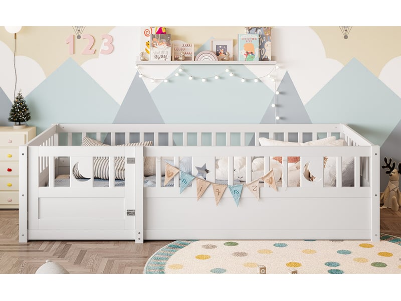  Lit enfant 90x190 cm blanc avec barrières de sécurité - décor étoiles et lune, style minimaliste  - Conforama D