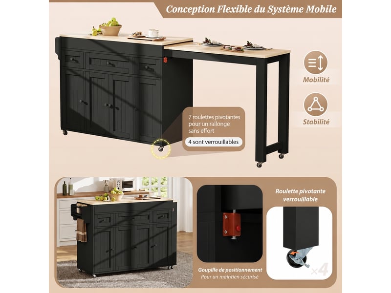 Îlot de cuisine sur roulettes muvano, plateau extensible, noir et naturel, 137 × 45,2 × 92 cm - Conforama R