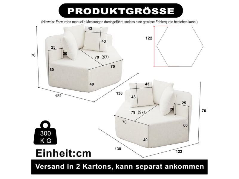  Lot de 2 fauteuils modulables compressés hexagonaux souples, assise 2 places, tissu chenille, beige, design moderne  - Conforama C