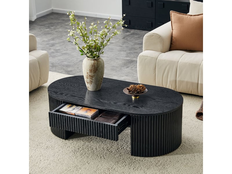  Table basse avec rangement tiroir de rangement design à rainures forme ovale noire table de salon stable  - Conforama B