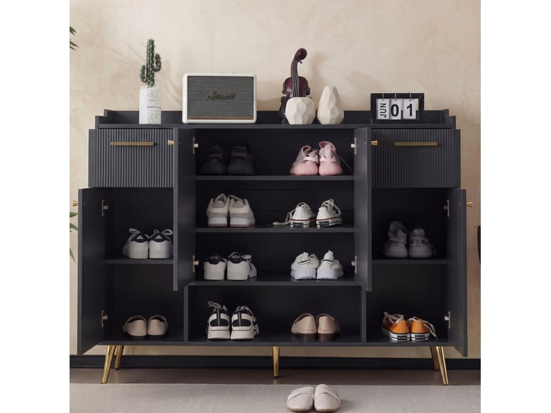  Meuble à chaussures 130x37x100 cm avec 2 tiroirs, 4 portes et niche, panneau de particules noir  - Conforama B