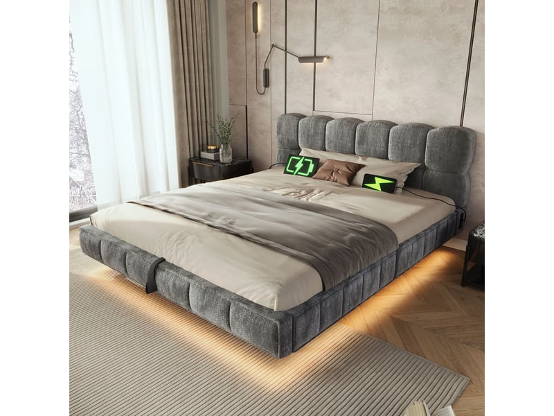 Lit double rembourré 140x200 cm effet suspendu, design nuage, rangement hydraulique, led, usbtype-c, chenille gris, sans matelas Fay Lum - Conforama E