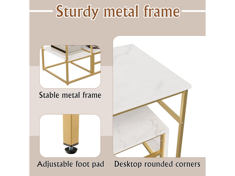 Table basse gigogne 10560cm blanc et doré - design moderne avec plateau effet marbre et étagère de rangement  - Conforama E