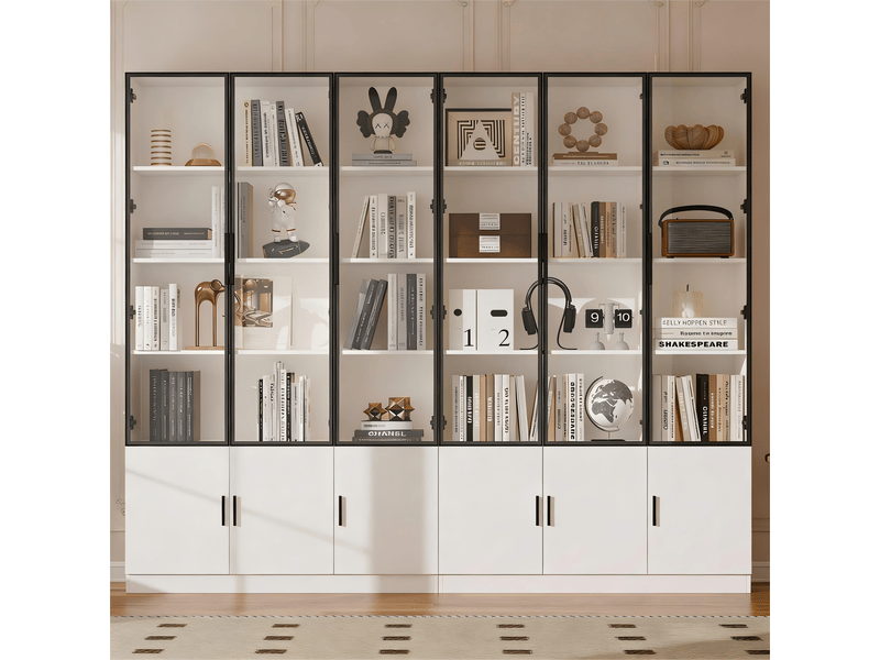 Vitrine 240x32x200 cm sur pied 12 portes armoire haute verre led salon 240 cm multifonctionnelle blanc  - Conforama D