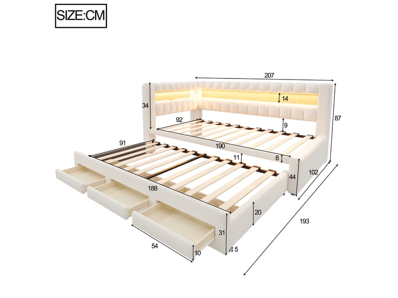 Lit gigogne 90x190 cm, lit jeune avec led, usb et rangement en métal et mdf couleur beige, design moderne - Conforama C