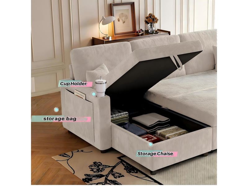 Canapé d’angle convertible 3 places en velours côtelé beige, méridienne gauche, rangement et ports usb type-c - Conforama D