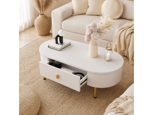 Table basse 108x50x40 cm à deux tiroirs mdf blanc et or
