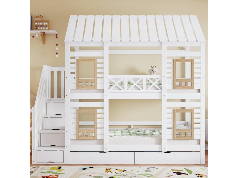 Lit superposé enfant 90x200 cm, avec escalier de rangement de sécurité et 2 tiroirs sur roulettes, en bois de pin massif et mdf, blanc et naturel - Conforama C