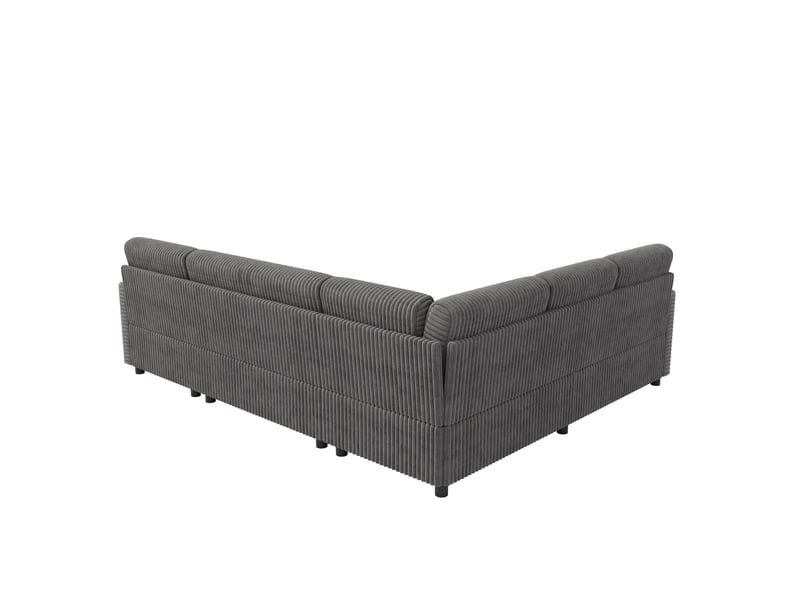  Canapé d'angle panoramique convertible 5 places en velours côtelé gris avec rangement, style moderne  - Conforama D