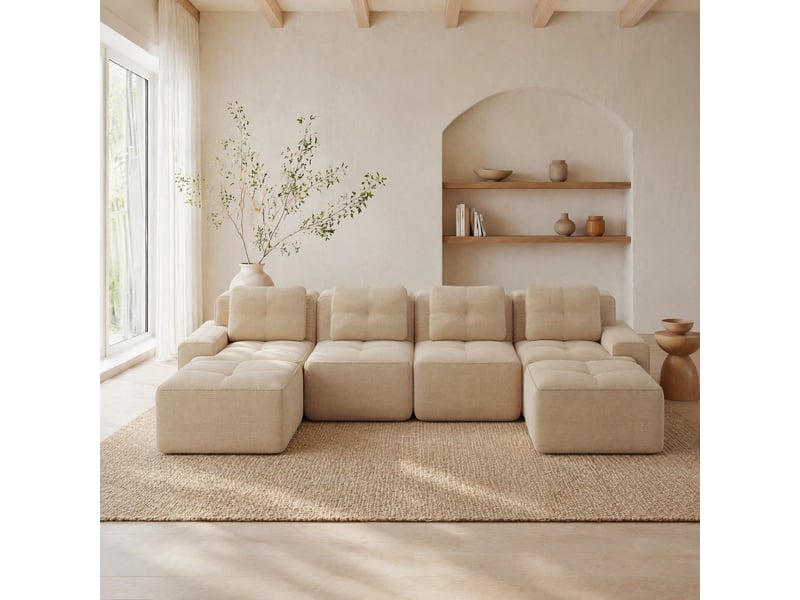  Canapé modulaire panoramique 4 places en velours côtelé beige 382 x 177 x 69 cm  - Conforama C