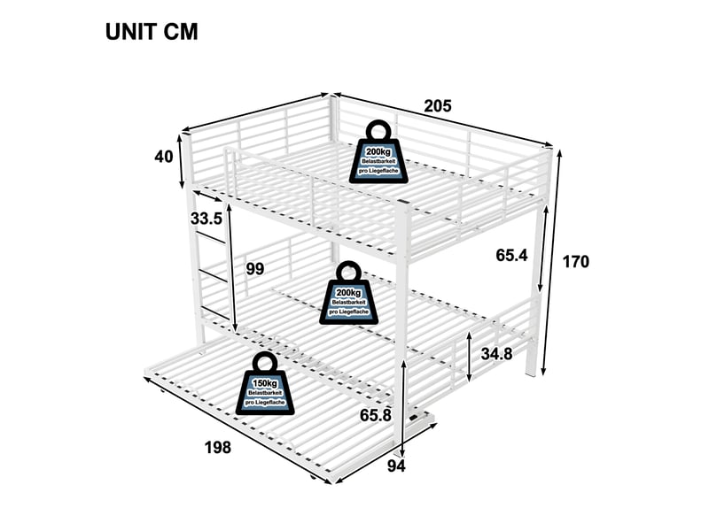  Lit superposé 3 places avec lit gigogne coulissant, sans matelas, en métal blanc mat, pour enfant  - Conforama D