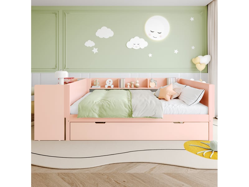 Lit gigogne fermé 140x200 cm, ouvert 140x200 + 90x190 cm, bureau, pin et panneaux, blanc et rose, sans matelas - Conforama D
