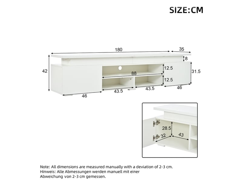  Meuble tv moderne avec led lumineuse, 2 porte et 3 niches ouvertes - armoire tv salon blanc, 180x35x42 cm  - Conforama C
