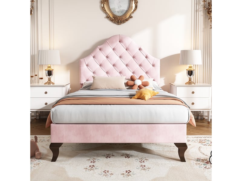 Lit simple rembourré fille - 90x200 cm - velours rose - tête de lit réglable - sommier à lattes rose - Conforama A