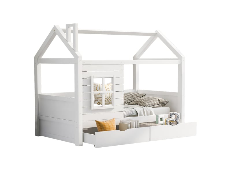  Lit cabane enfant 90x200 bois massif blanc avec tiroirs de rangement et barrière  - Conforama A