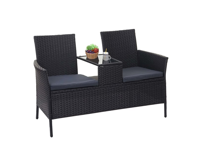  Banc en polyrotin avec table fauteuils chaises de jardin 132cm noir coussin gris foncé 04_0001141  - Conforama E