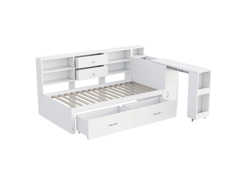  Lit simple 90x200 cm avec rangement, 4 tiroirs et bureau coulissant, pin, blanc, sans matelas  - Conforama D