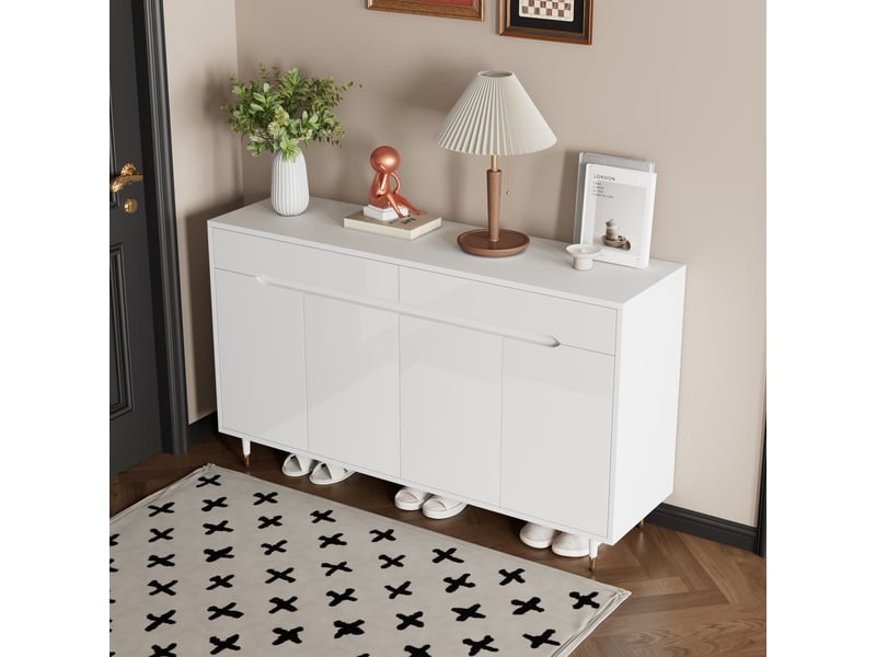  Meuble à chaussures - meuble à chaussures moderne avec 2 tiroirs, étagères ajustables et pieds dorés, armoire de rangement pour entrée, blanc - 140×39×84 cm  - Conforama C