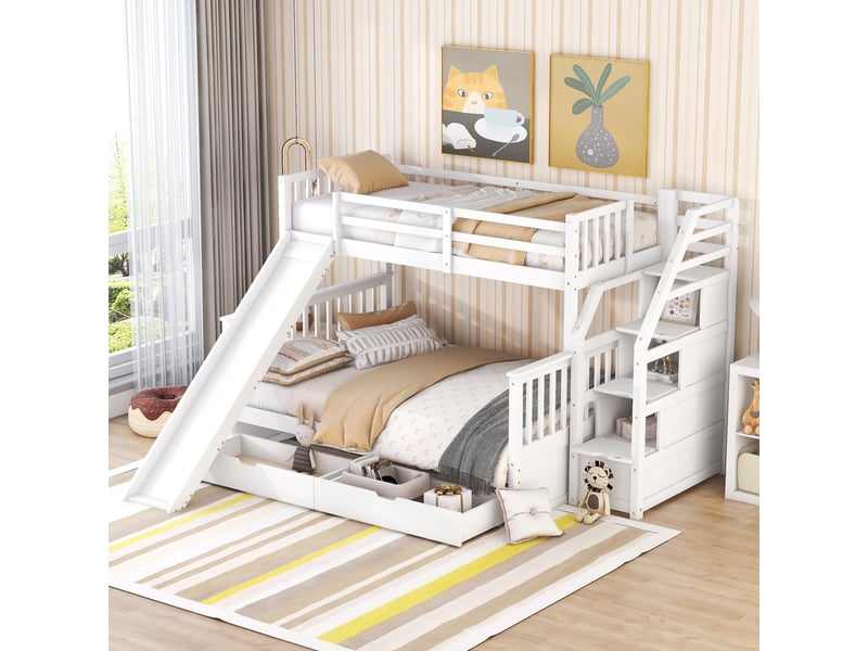 Lit superposé 140x200 cm - lit enfant avec 3 tiroirs et barrières de sécurité - protection antichute - sans matelas - blanc - Conforama D
