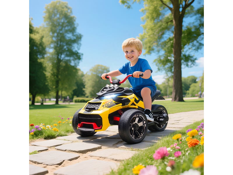  Tricycle électrique pour enfants, à piles, avec lecteur mp3, klaxon, 2 vitesses, lumières led, 3-8 ans, jaune  - Conforama C