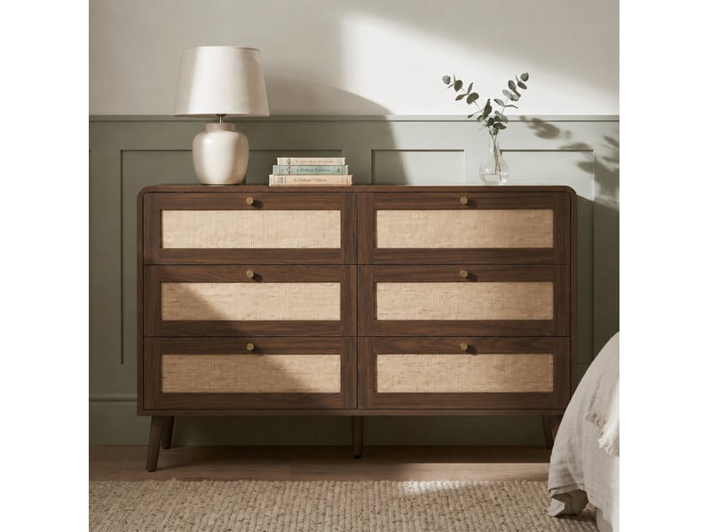  Commode 6 tiroirs 120x40x80 cm, façades aspect rotin, mdf, noyer  - Conforama D