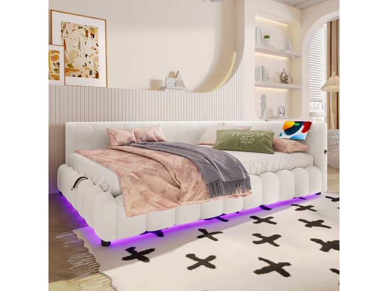  Lit banquette coffre 140x200 cm avec sommier à lattes, rangement hydraulique, bande led, ports usb et type-c, tissu effet polaire, blanc  - Conforama B