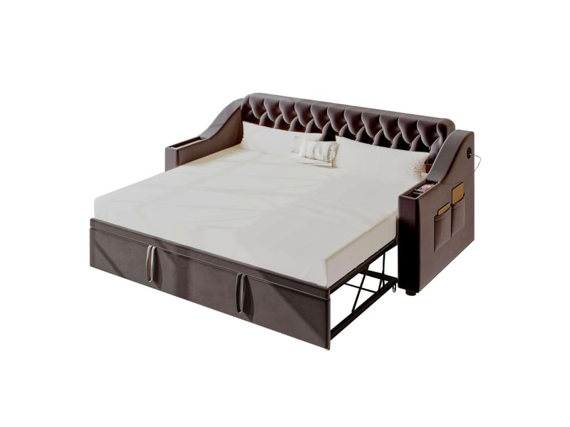  Canapé-lit capitonné 90 ou 180*190 cm avec accoudoirs larges, usb, rangements et lattes, velours gris foncé doux  - Conforama A