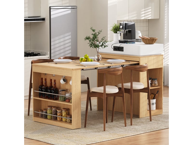 Îlot de cuisine mobile avec table extensible, mdf naturel, 83x46-146,5x96 cm, prises intégrées - Conforama B