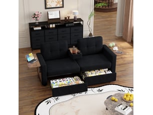 Canapé droit convertible MODENVIE 2 places Tissu noir avec coffre de rangement