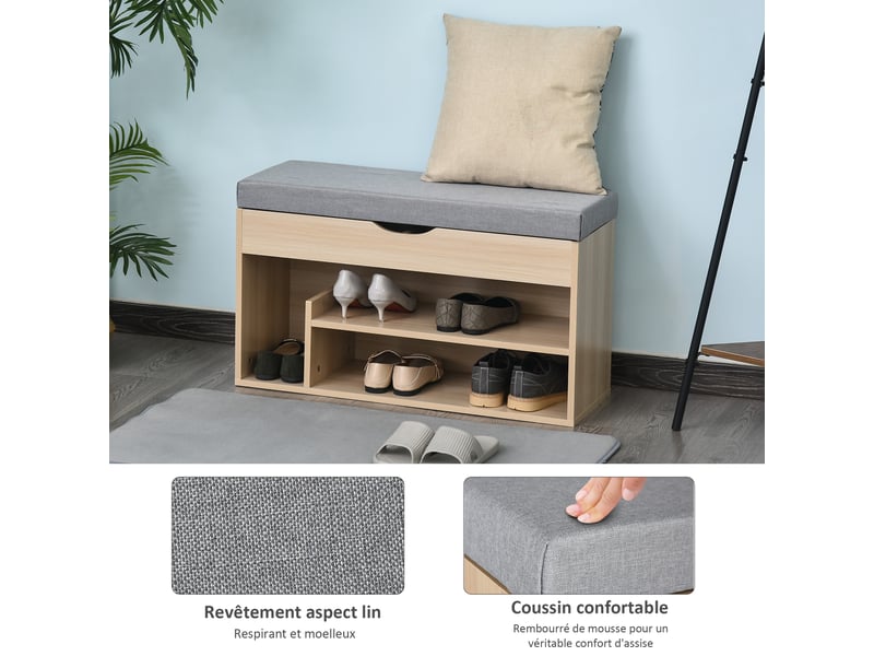  Meuble chaussures banc à chaussures 2 niveaux rangement, niche + coffre intégré avec coussin beige gris  - Conforama D