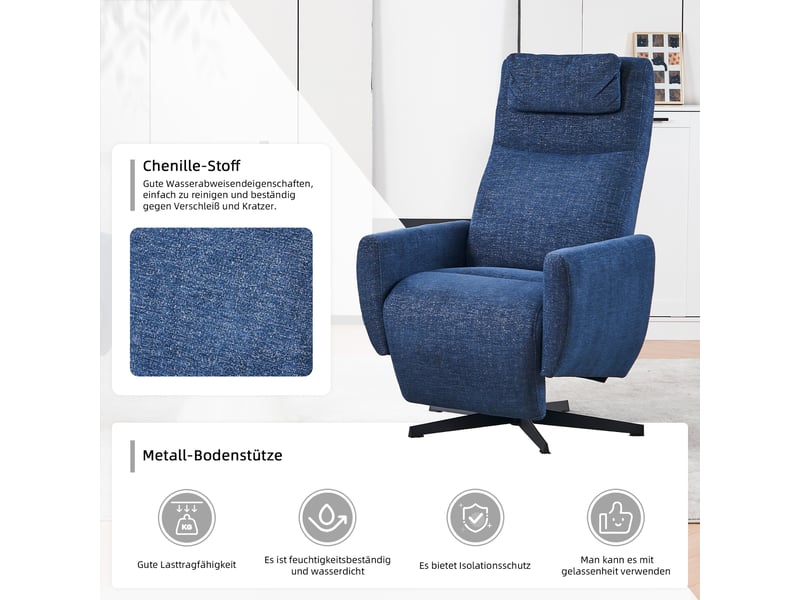 Fauteuil relax bleu en chenille, dossier inclinable et repose-pieds, siège pivotant à 360° pour salon et bureau - Conforama E