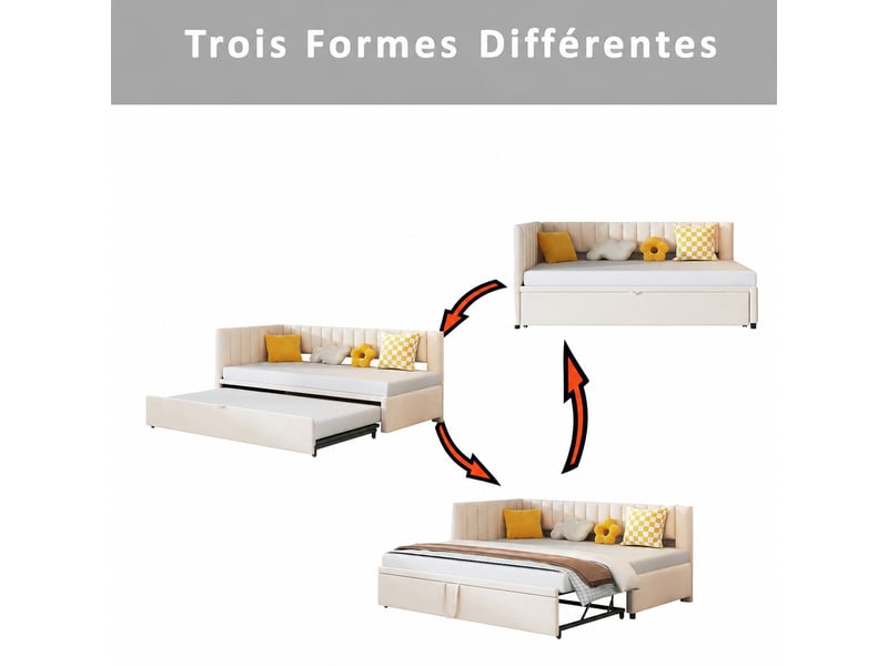 Canapé-lit en l gigogne 90 x 200 cm, extensible en 180 x 200 cm, velours beige - Conforama E
