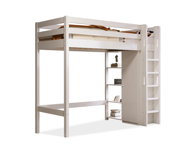  Lit mezzanine enfant 90x200 avec armoire et 6 étagères, blanc, bois massif, certifié en 747  - Conforama A