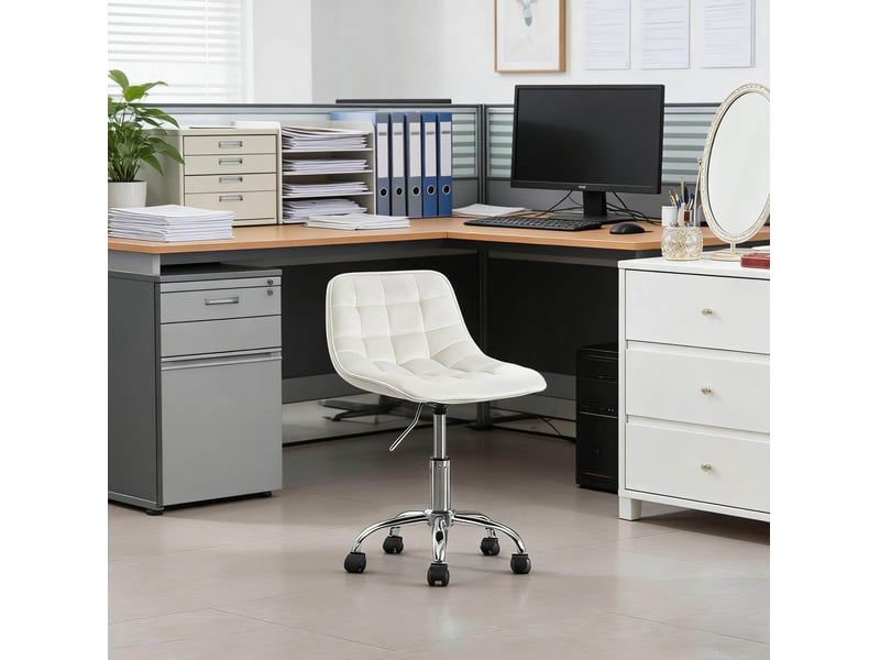  Tabouret de bureau réglable en hauteur en velours blanc, pivotant à 360° sur roulettes, pour le bureau  - Conforama B