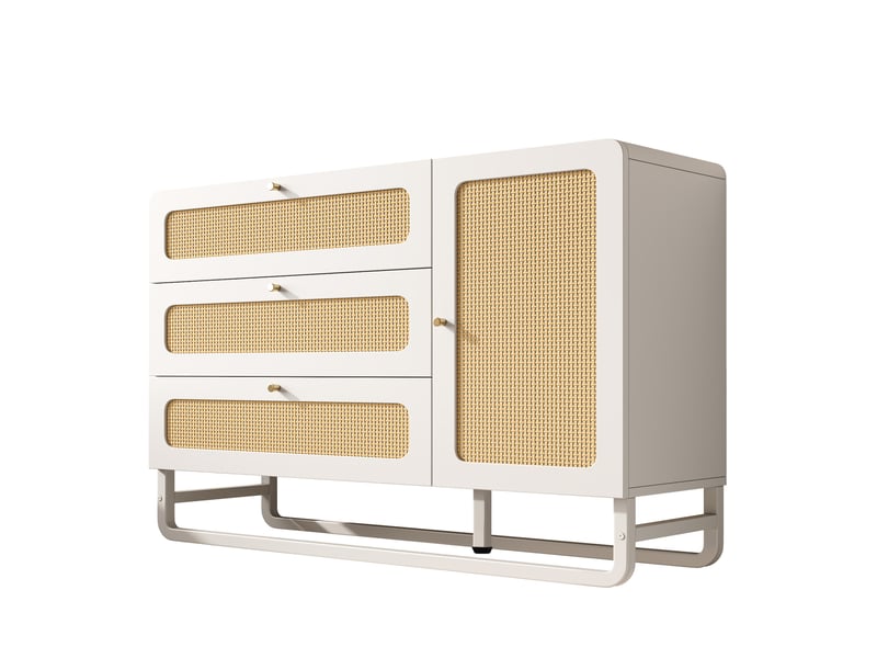  Commode 120x40x85 cm blanche mdf et métal, 3 tiroirs, porte avec étagères réglables et kit anti-basculement  - Conforama D