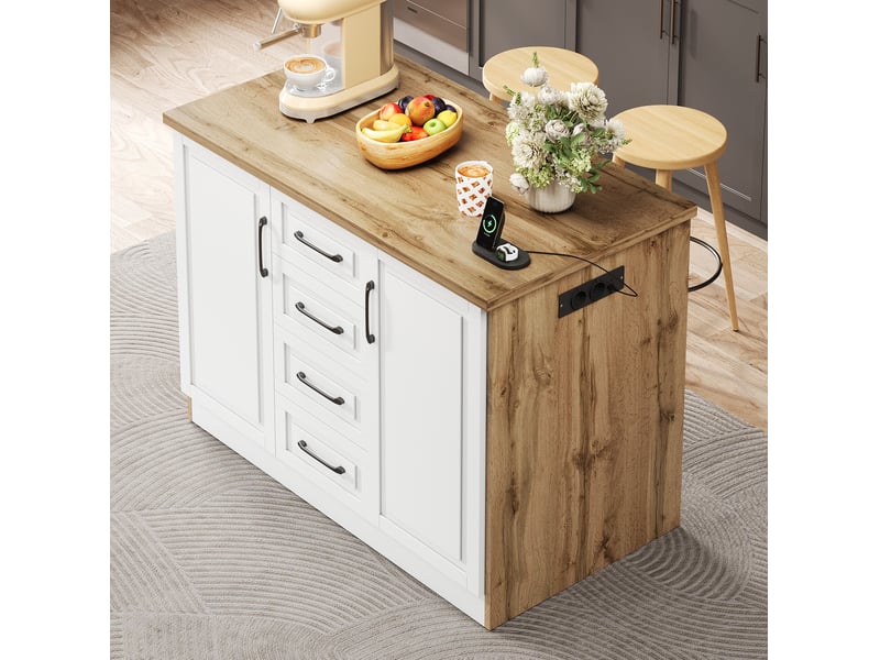 Îlot de cuisine 120x60x90 cm avec 4 tiroirs, prises et ports usb, blanc et bois naturel - Conforama B
