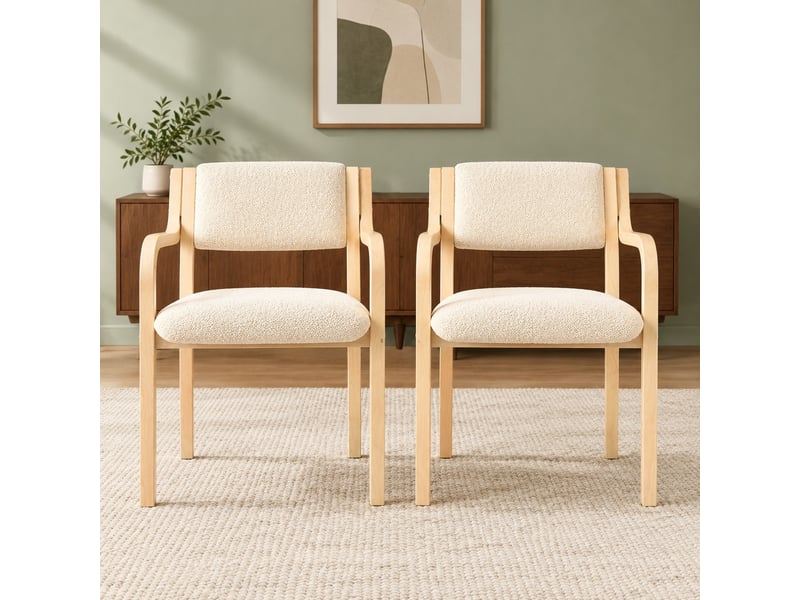  Lot de 2 chaises de salle à manger avec accoudoirs et dossier courbé  - bois cintré, tissu teddy - blanc  - Conforama B