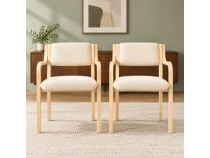 Lot de 2 chaises de salle à manger avec accoudoirs et dossier courbé - bois cintré, tissu teddy - blanc