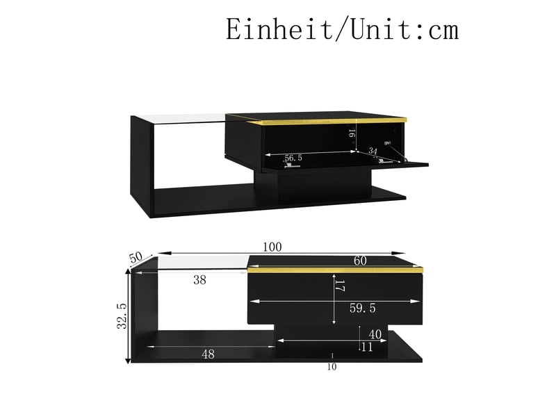 Table basse avec rangement, verre trempé et led pour salon 100×50×32,5 cm en panneaux de particules noir  - Conforama E