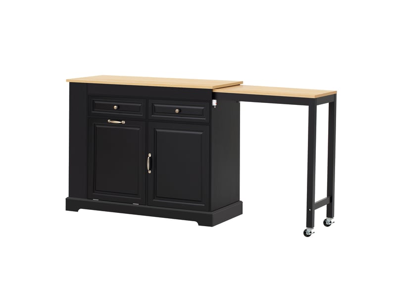 Îlot de cuisine mobile noir et naturel avec plateau extensible 112 à 180 cm, rangement et roulettes - Conforama A