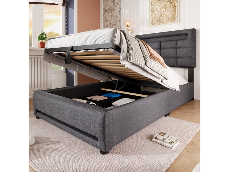  Lit capitonné, 90 x 200 cm, commande par application, éclairage led, suspension hydraulique, sans matelas, avec port usb, linge de lit gris  - Conforama B
