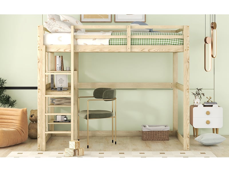  Lit mezzanine enfant 140x200 cm, rangements, bureau intégré, structure laquée bois et mdf, naturel sans matelas  - Conforama E