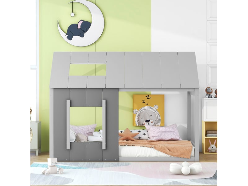  Lit enfant 90x200 cm en forme de maison avec toit et fenêtre gris  - Conforama D