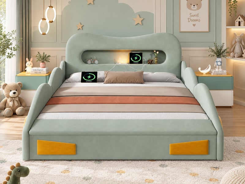  Lit enfant, 140 x 200 cm, lit voiture vert en tissu façon flanelle, avec liseuse, port de charge, coffre de rangement au pied du lit  - Conforama B