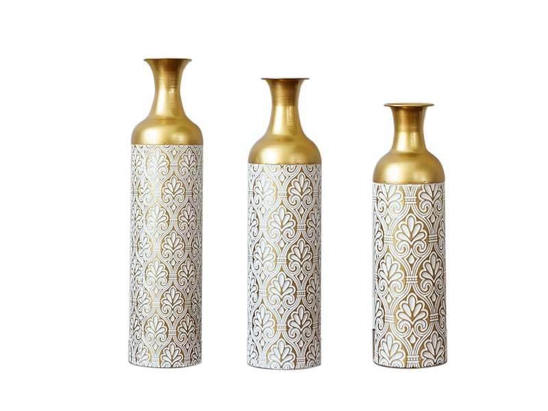  Lot de 3 vases de sol en métal 50, 66 et 83 cm, or et blanc, décor floral pour plantes et fleurs sèches  - Conforama A