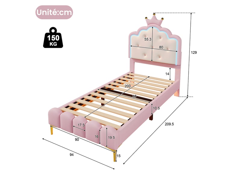  Lit enfant 90x200 cm en similicuir rose, lit simple avec tête de lit couronne et éclairage led, sans matelas  - Conforama D