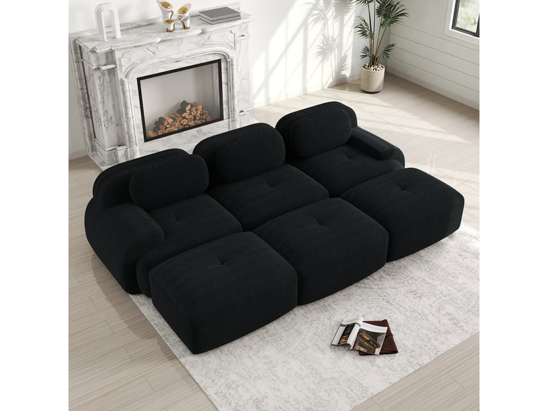  Canapé 3 places modulable en tissu velours côtelé,canapé-lit avec 3 repose-pieds amovibles,32d élastique,base anti-dérapant,noir 298x178x75cm - Conforama B