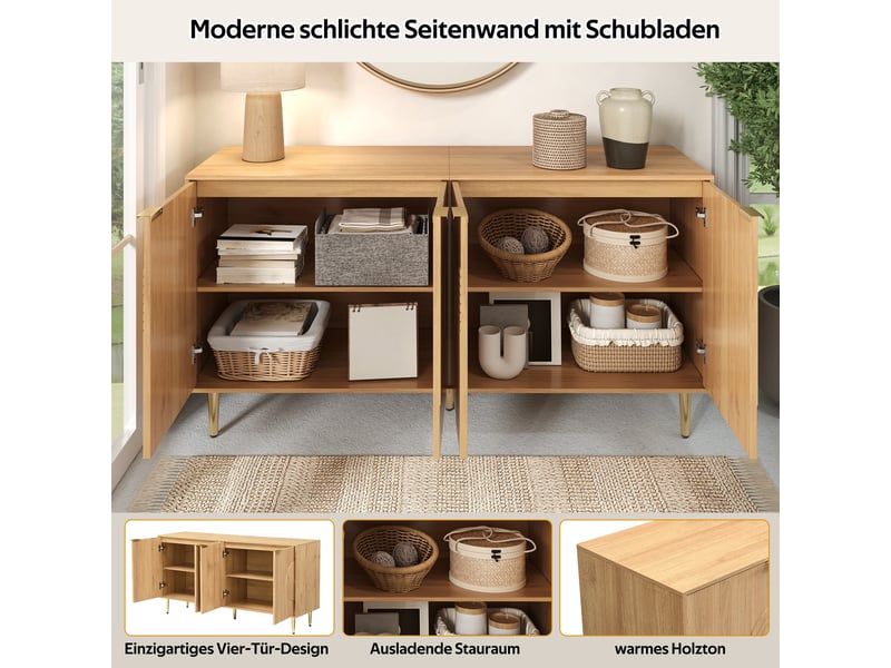  Buffet et enfilade avec 4 portes et étagères réglables, pieds en métal doré, pour salon, en mdf, 140×40×72 cm naturel  - Conforama E