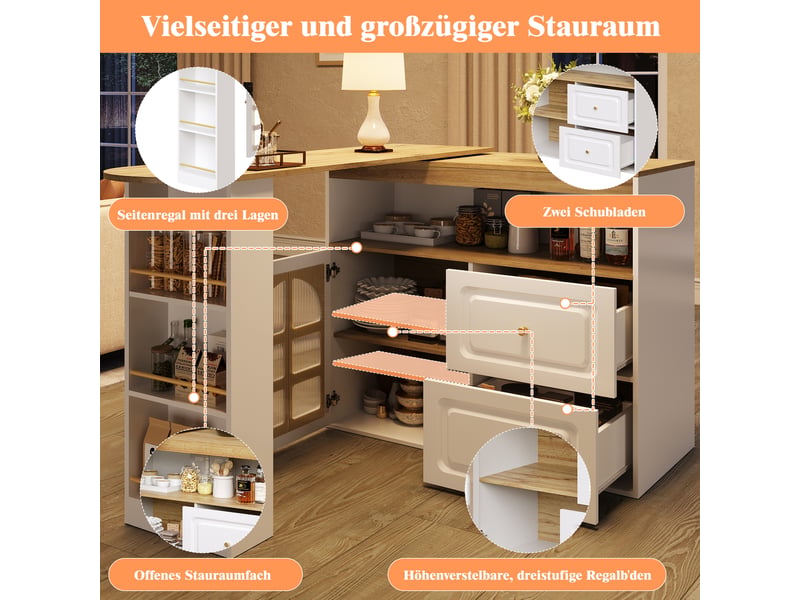  Bar pivotant blanc 138-204 × 39 × 104 cm en mdf, rotation 360°, 2 tiroirs, étagères ouvertes et vitrine en verre courbé  - Conforama C